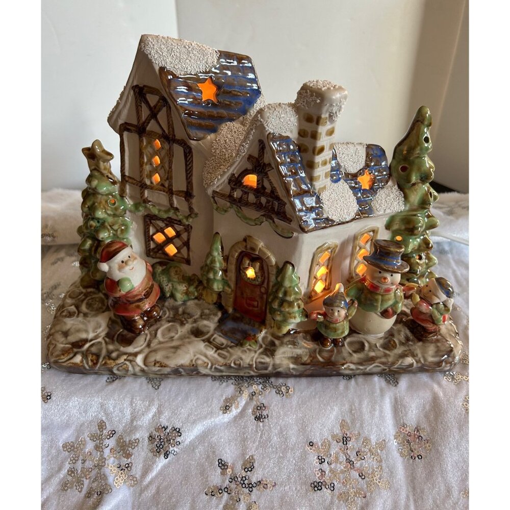 Ceramic Christmas Village Light-Up House With Santa & Snowmen Large Vintage